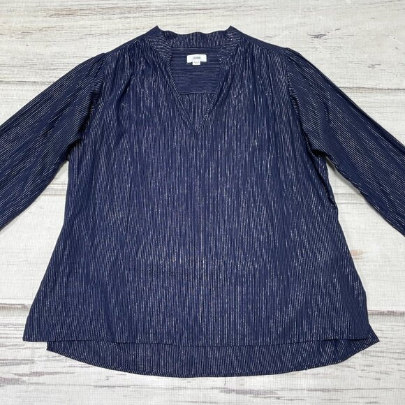 Closed Top Blouse Pullover Shirt Evelyn V-Neck Blue Metallic Silver Stripe Small - Picture 1 of 9